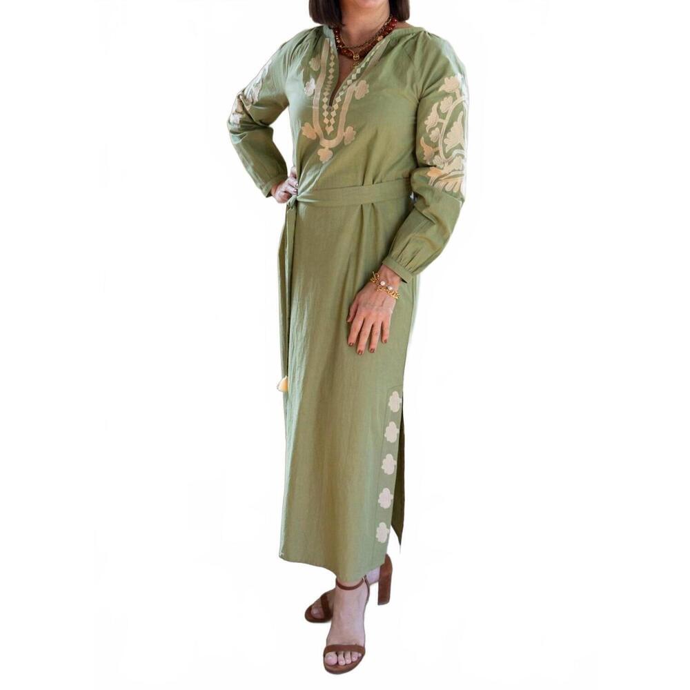 NEW EXVOTO jules caftan with embroidery dress in terrarium moss